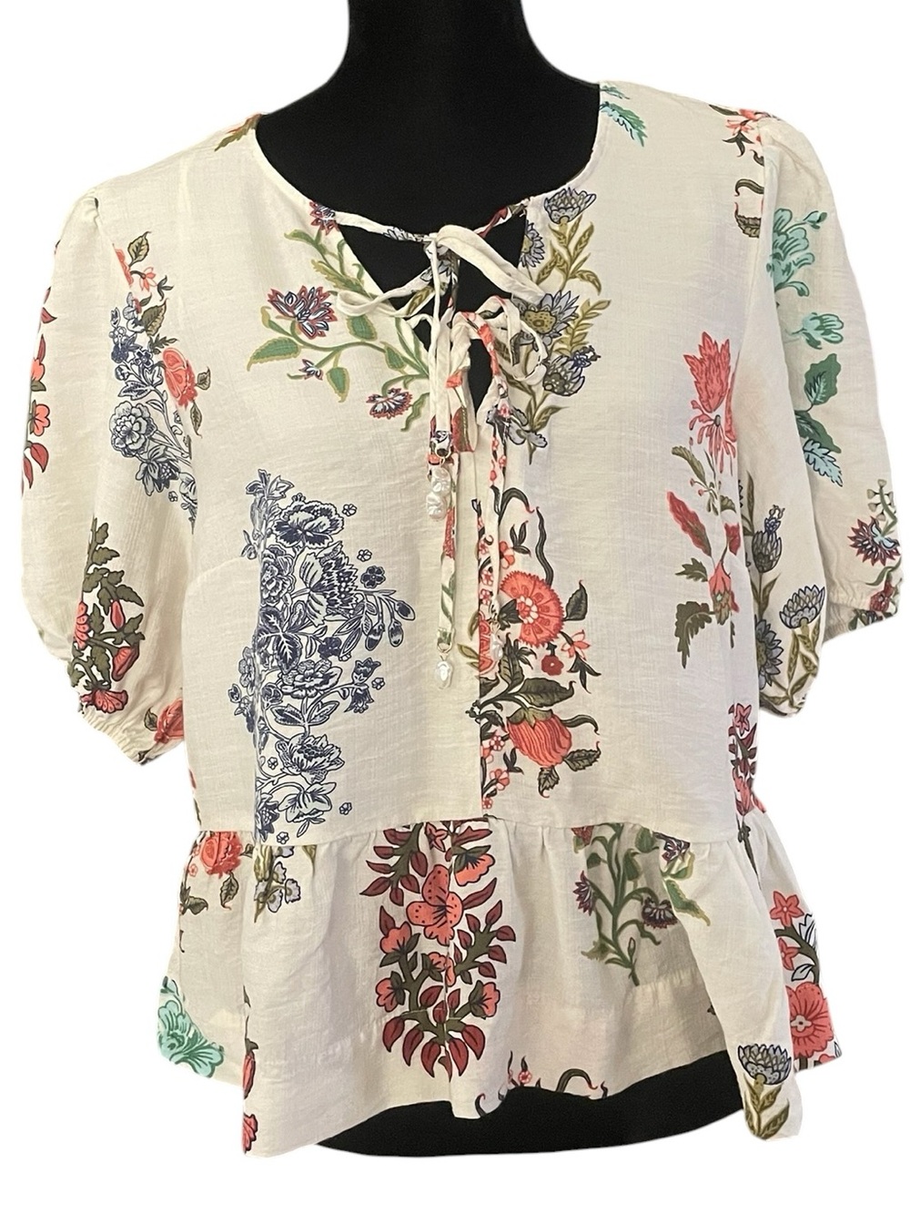 Cece Floral Peplum Blouse Womens XL puff short sleeve ivory Boho colorful spring